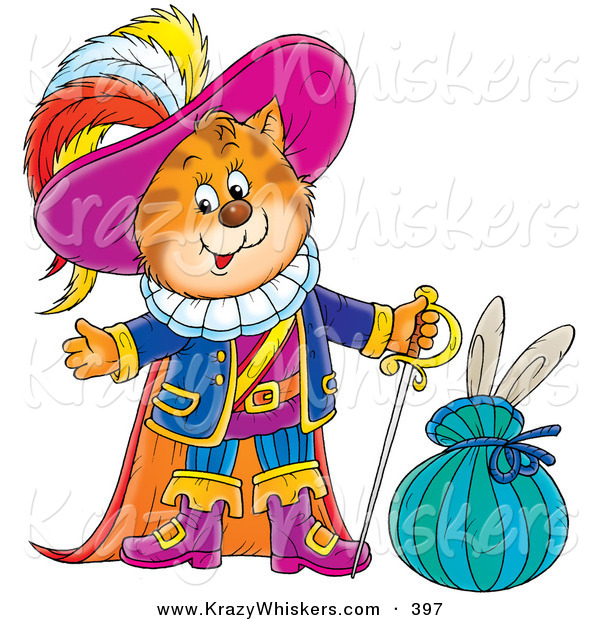 Critter Clipart of a Colorful Puss in Boots, the Cat, Standing Beside a Rabbit in a Sack