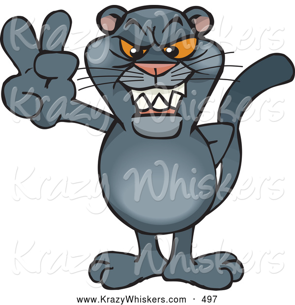 Critter Clipart of a Creepy Peaceful Panther Smiling and Gesturing the Peace Sign