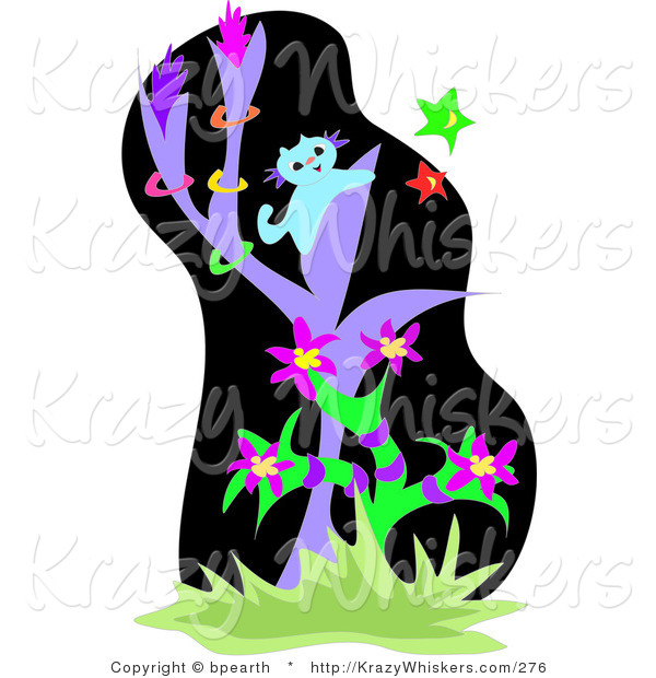 Critter Clipart of a Curious Blue Kitten in a Purple Tree, Trying to Catch Colorful Stars in a Jungle