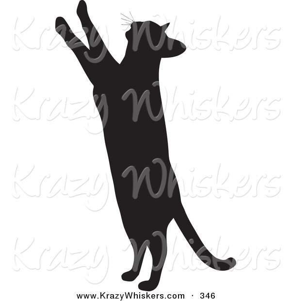 Critter Clipart of a Curious Kitty Cat Silhouetted in Black, Standing up on Its Hind Legs and Reaching Upward with Its Paws