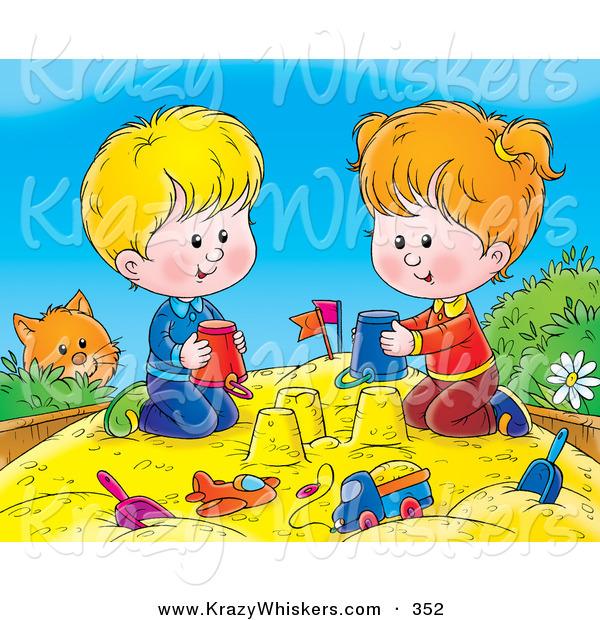 Critter Clipart of a Curious Orange Kitty Watching a Boy and Girl Making Sand Castles with Buckets in a Sand Box