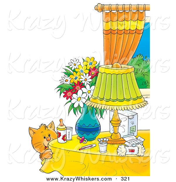 Critter Clipart of a Cute and Curious Orange Cat by a Table with Flowers, a Lamp, Baby Bottle, Pacifier and Baby Supplies