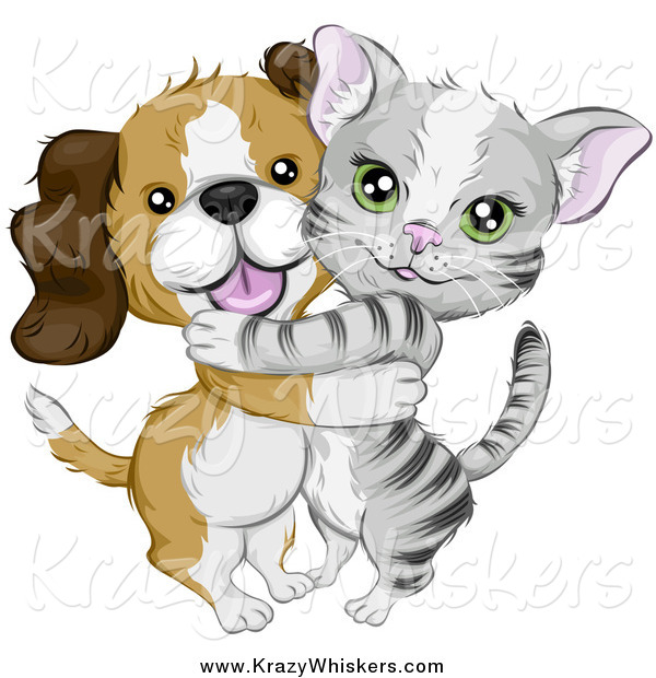 Critter Clipart of a Cute Beagle Puppy Dog Hugging a Gray Kitten