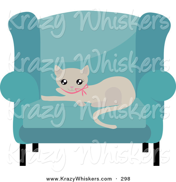 Critter Clipart of a Cute Beige Kitty Cat in a Pink Collar, Resting on a Cushion of a Blue Living Room Chair