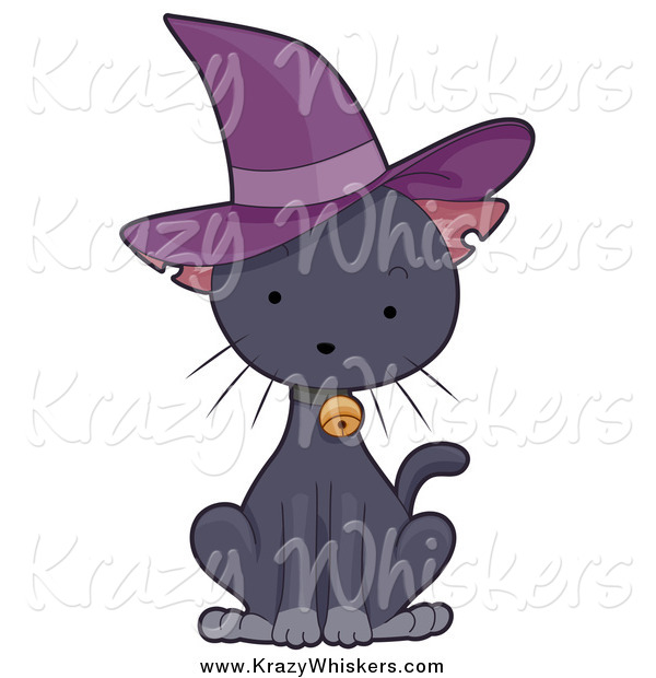 Critter Clipart of a Cute Black Kitten Wearing a Witch Hat