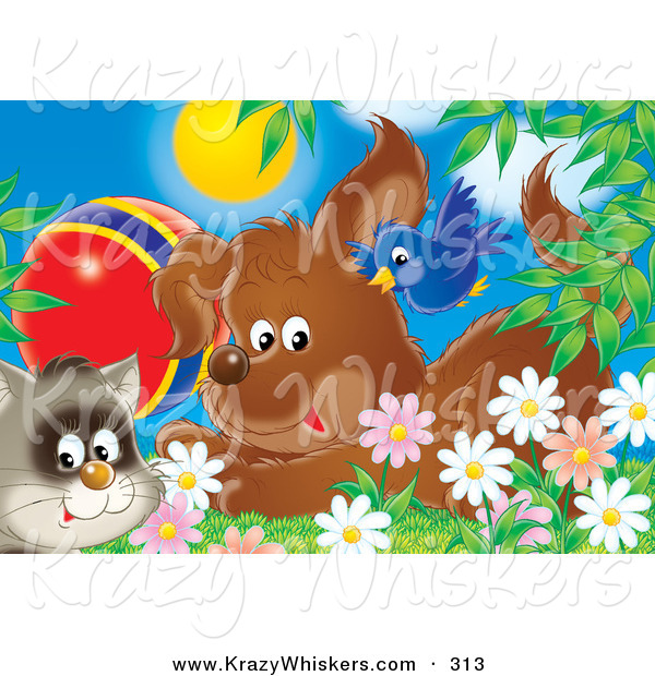 Critter Clipart of a Cute Blue Bird Flying over a Puppy Dog and a Cat with a Ball in a Field of Spring Daisy Flowers