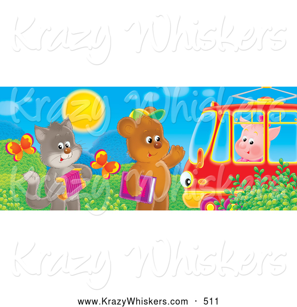 Critter Clipart of a Cute Cat with an Accordian and Bear with a Book Waving at a Piggy in a Tram Car