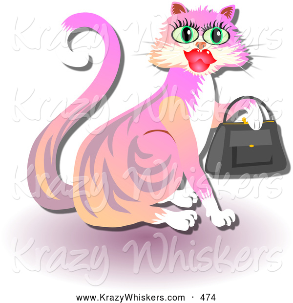 Critter Clipart of a Cute Feminine Pink and Orange Kitty Cat Holding a Purse