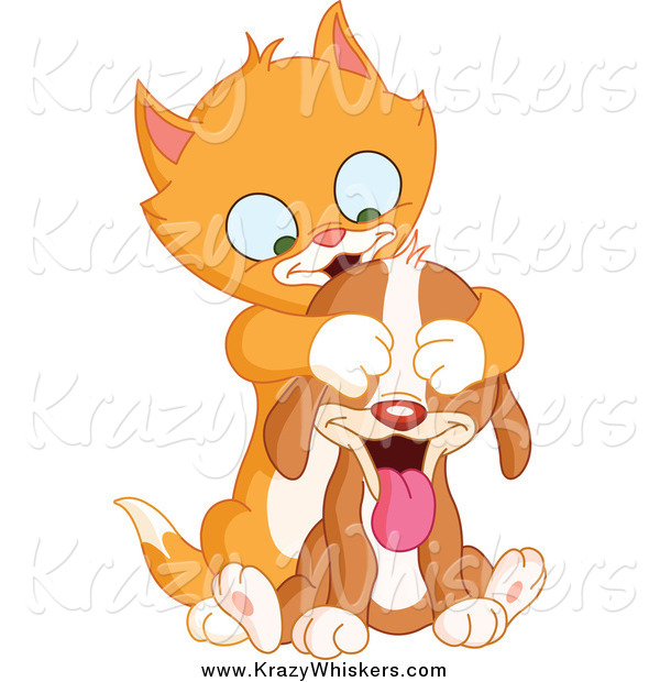Critter Clipart of a Cute Ginger Kitten Playing Guess Who with a Panting Puppy