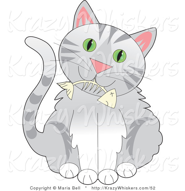Critter Clipart of a Cute Gray Tabby Kitty with Green Eyes, Holding a Fishbone in Its Mouth