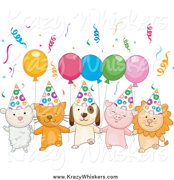 Critter Clipart of a Cute Lamb, Kitten, Puppy, Piglet and Lion with Birthday Party Balloons and Confetti
