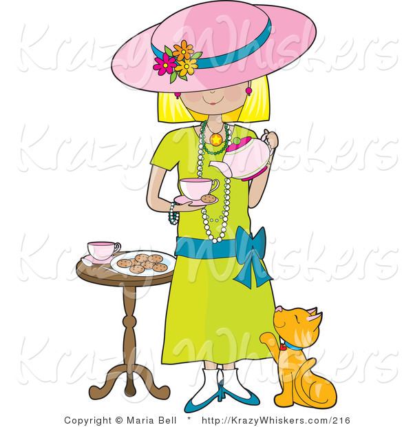 Critter Clipart of a Cute Little Blond Caucasian Girl Dressed in Her Mother's Clothes and Pouring a Pot of Tea into a Cup While a Marmalade Cat Looks up at Her, Waiting for a Treat