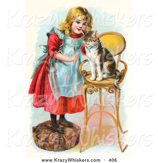 Critter Clipart of a Cute Little Blond Victorian Girl Trying to Train Her Cat to Listen to Her Commands, Teaching Kitty to Sit on a Stool