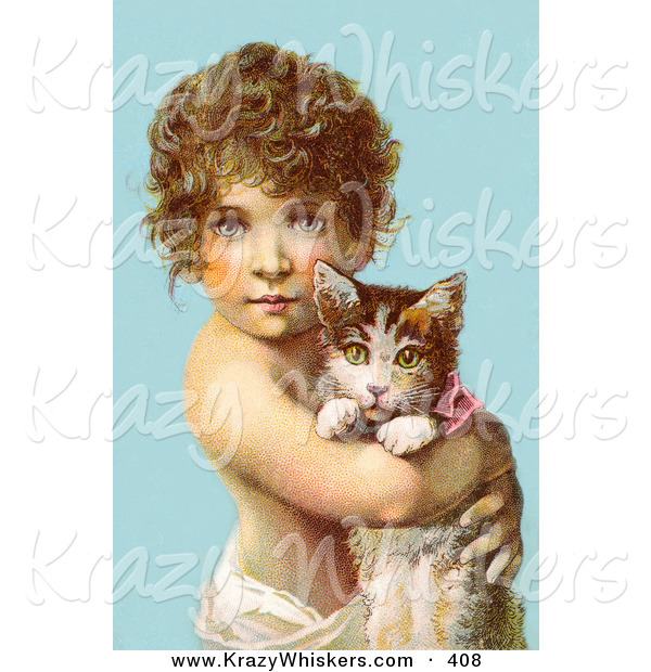 Critter Clipart of a Cute Little Curly Haired Victorian Child Holding a Kitten in Their Arms, over a Blue Background