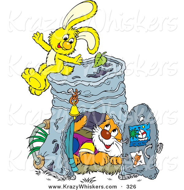 Critter Clipart of a Cute Orange Cat Inside a Pail Club House, a Yellow Bunny Sitting on Top