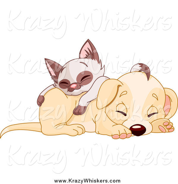 Critter Clipart of a Cute Puppy Dog Sleeping with a Siamese Kitten on His Back