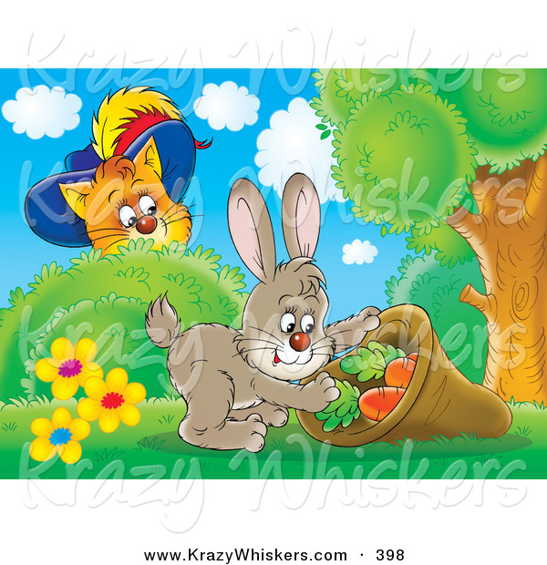 Critter Clipart of a Cute Puss in Boots, the Cat, Watching a Easter Rabbit Stuff Carrots in a Sack