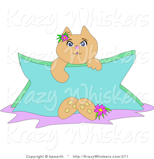 Critter Clipart of a Cute Tan Kitty Cat Holding a Blank Blue Sign, a Flower at Its Feet and by Its Ear