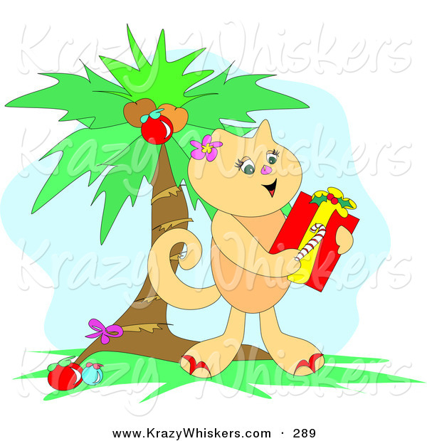 Critter Clipart of a Cute Tan Kitty Cat Holding a Candy Cane and Christmas Gift Under a Palm Tree