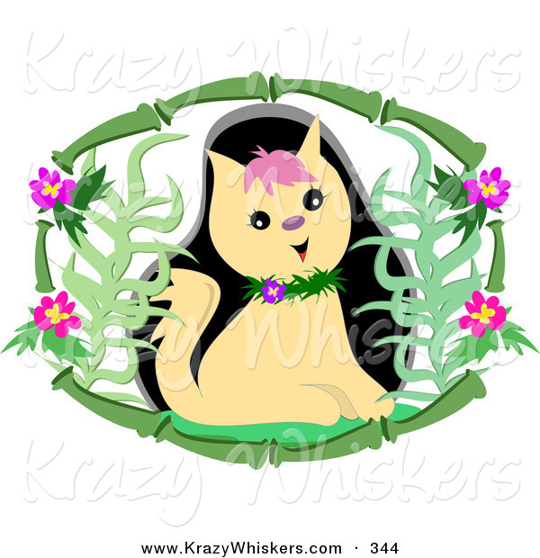 Critter Clipart of a Cute Tan Kitty Cat Wearing a Floral Collar, Inside a Bamboo Frame with Flowers