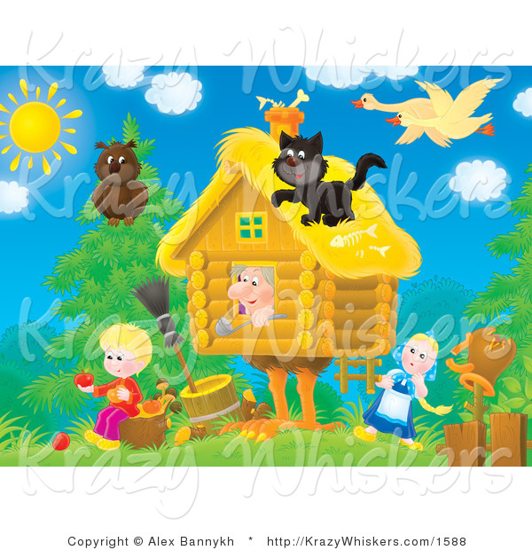 Critter Clipart of a Family and Animals Around a Cottage - Royalty Free