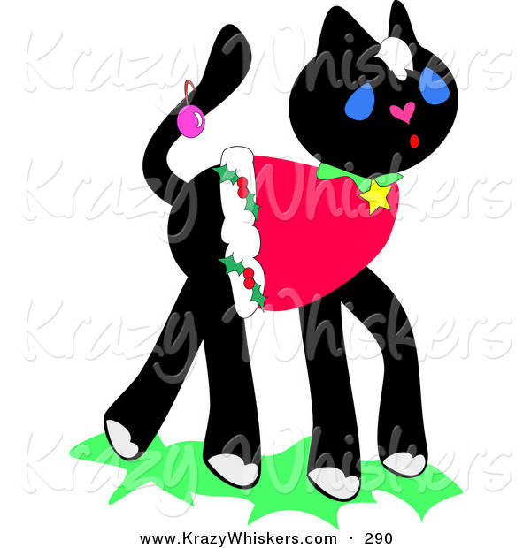 Critter Clipart of a Festive Black Kitten Wearing a Christmas Shirt and an Ornament on Her Tail