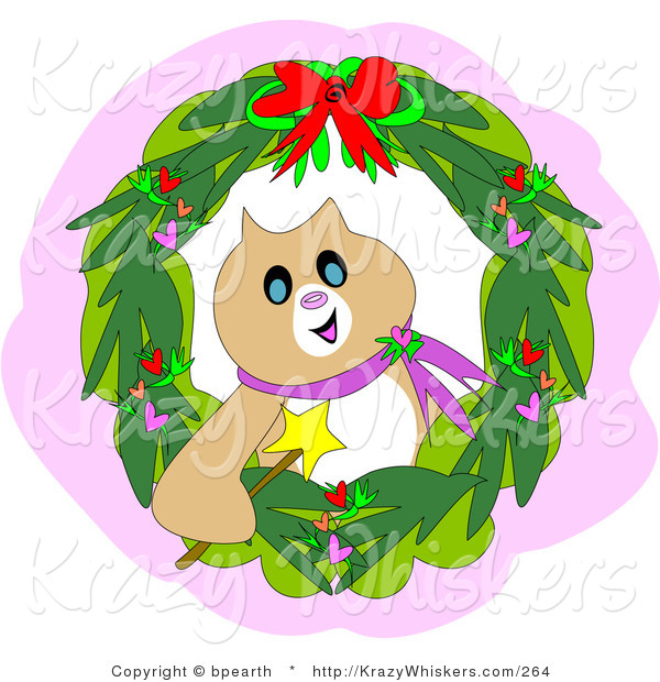 Critter Clipart of a Festive Brown Christmas Cat Holding a Magic Wand Inside a Wreath