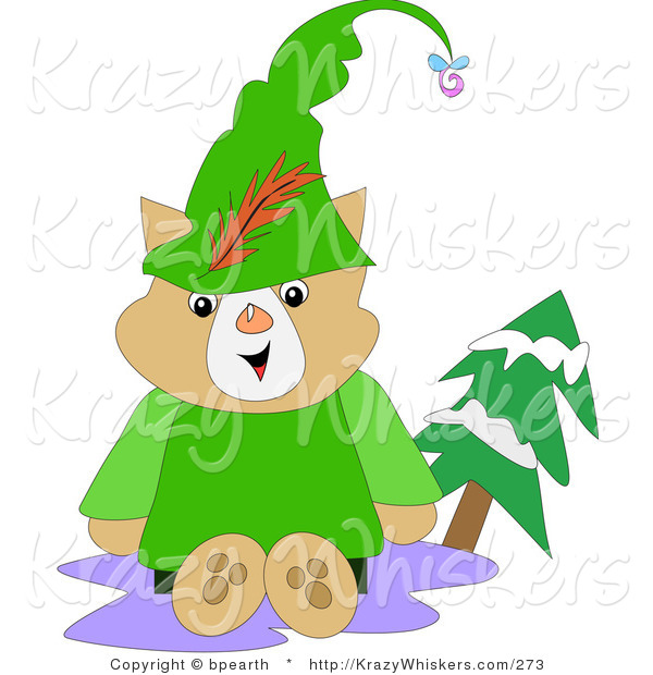 Critter Clipart of a Friendly Brown Robin Hood Cat in Green, Sitting Outside by an Evergreen Tree