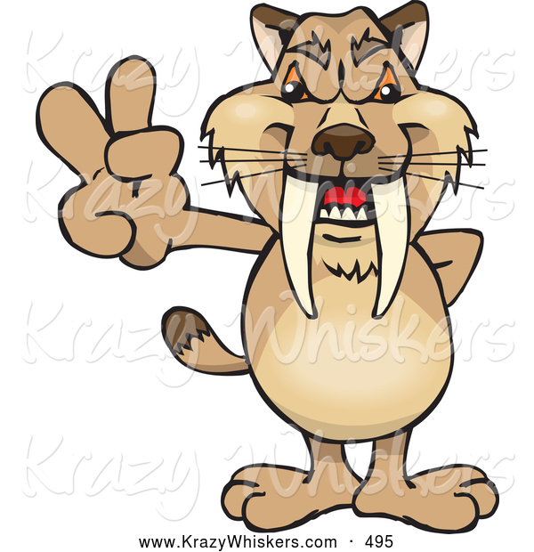 Critter Clipart of a Friendly Peaceful Sabertooth Tiger Smiling and Gesturing the Peace Sign