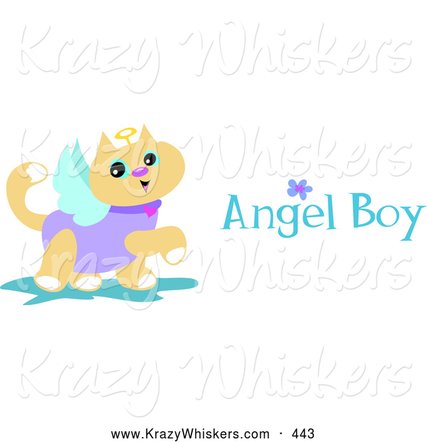 Critter Clipart of a Friendly Prancing Angel Cat with Wings, a Halo and Angel Boy Text
