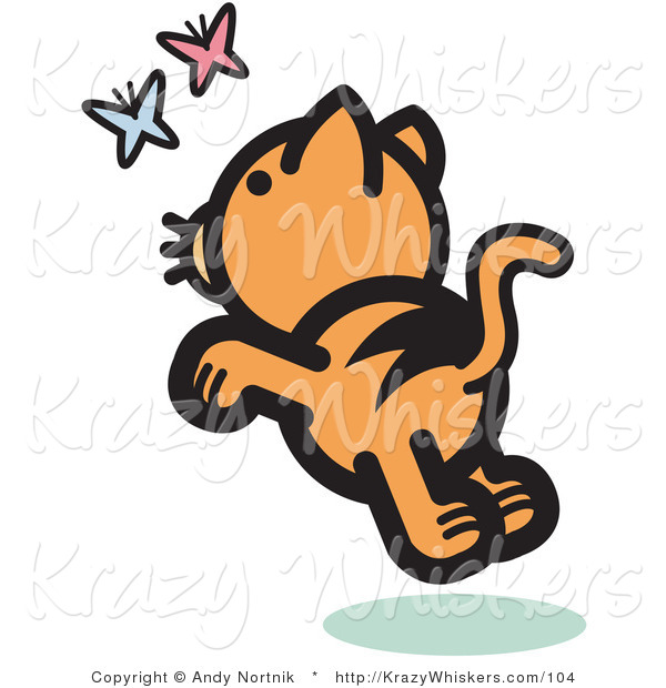 Critter Clipart of a Frisky Orange Cat Chasing Pink and Blue Butterflies in the Springtime