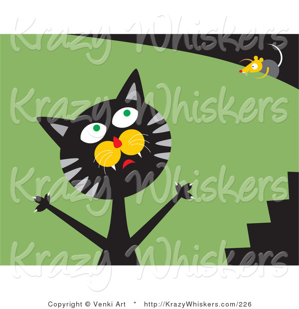 Critter Clipart of a Frustrated Black and Gray Tabby Cat Trying to Catch a Mouse That's Teasing Him and Laughing on Top of a Bush