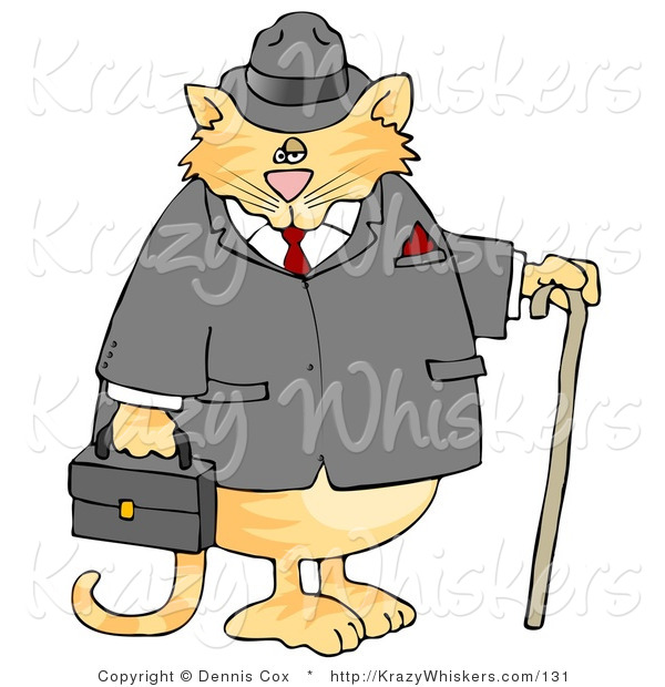 Critter Clipart of a Gentlemanly Tabby Cat in a Jacket and Hat, Holding a Cane and Briefcase