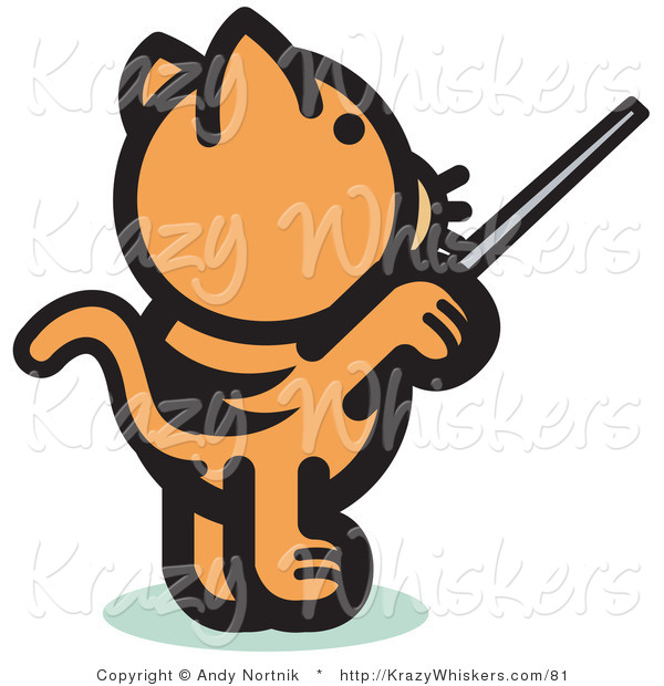 Critter Clipart of a Ginger Cat Standing on His Hind Legs and Using a Pointer Stick to Point Something out or Using a Wand to Conduct an Orchestra