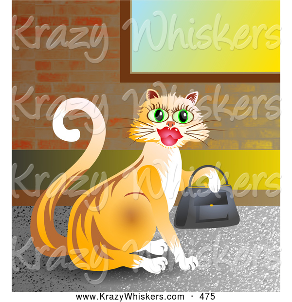 Critter Clipart of a Goofy Shopping Orange Kitty Cat Wearing Lipstick and Carrying a Purse on Her Paw