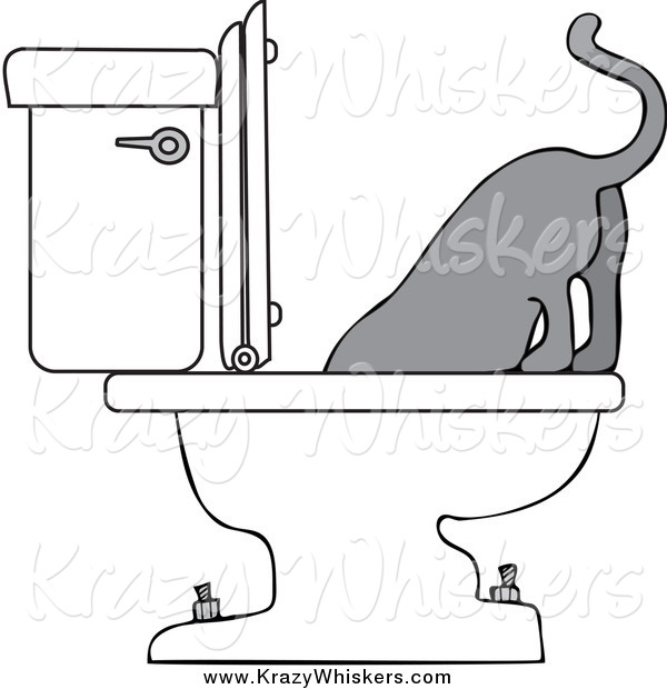 Critter Clipart of a Gray Cat Drinking from a Toilet
