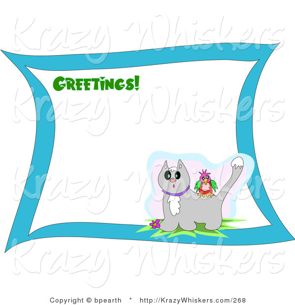 Critter Clipart of a Greetings Stationery Sheet with Green Text and a Colorful Bird on the Back of a Surprised Gray Cat with Snow on Its Head