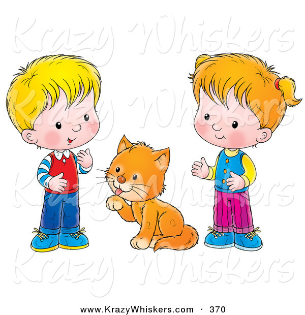 Critter Clipart of a Grooming Cat Between a Little Boy and Girl on a White Background