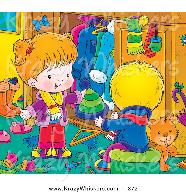 Critter Clipart of a Grooming Orange Kitty Cat in a Room with a Little Boy in Girl As They Go Through Their Winter Clothes