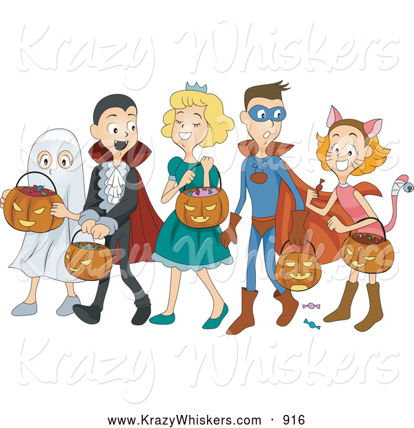 Critter Clipart of a Group of Halloween Kids Trick or Treating As a Ghost, Vampire, Princess, Super Hero and Cat