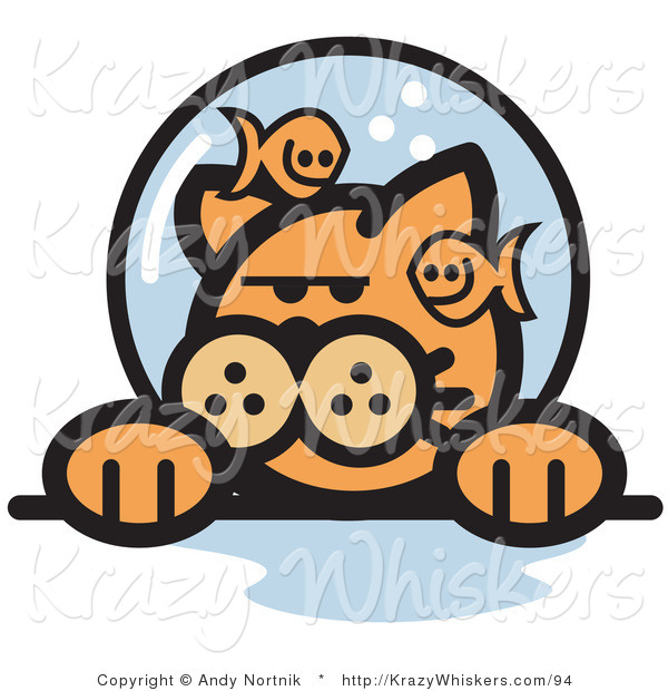 Critter Clipart of a Grumpy Ginger Cat with Fish Poking Fun at Him in a Fishbowl Stuck on His Head