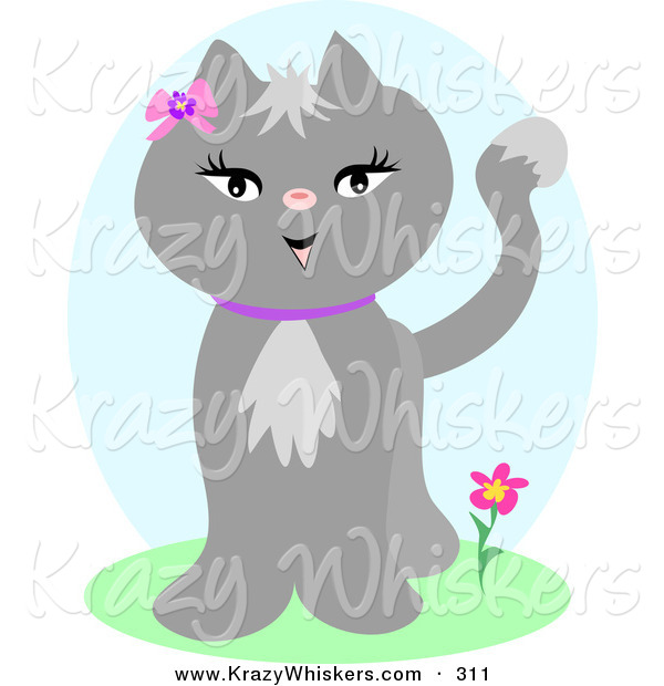 Critter Clipart of a Happy and Pretty Female Gray Cat Wearing a Purple Collar and a Pink Bow and Flower by Her Ear