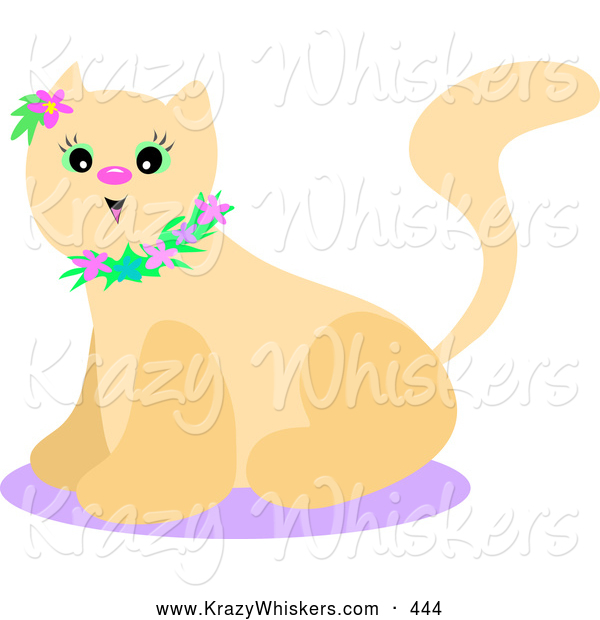 Critter Clipart of a Happy Beige Kitty Cat with Green Eyes, Wearing a Floral Collar and a Purple Flower by Her Ear, Sitting on a Purple Rug