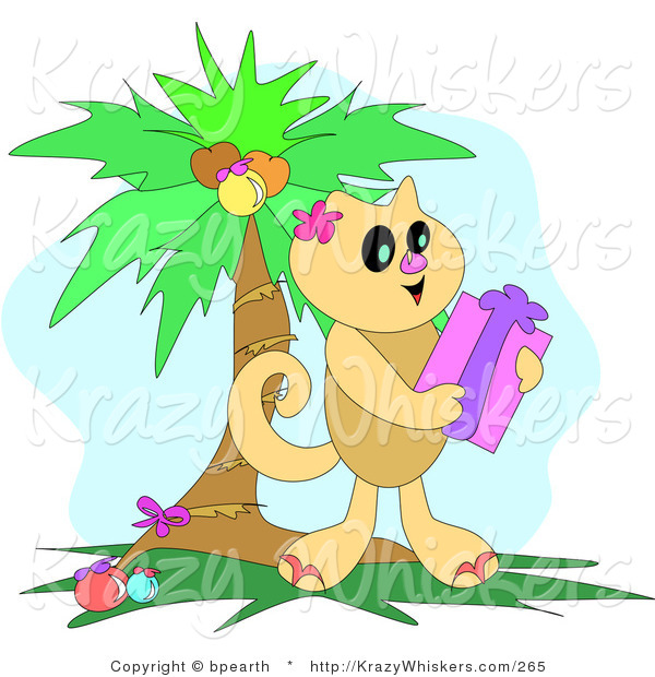 Critter Clipart of a Happy Brown Cat Holding a Christmas Gift Under a Decorated Palm Tree