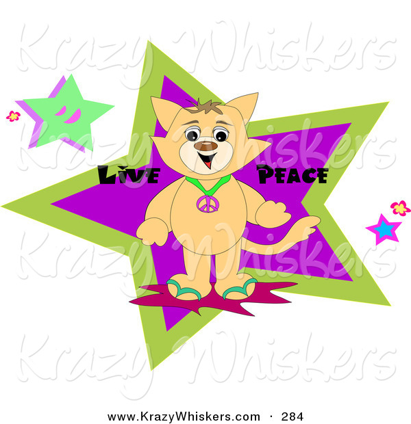 Critter Clipart of a Happy Brown Cat Wearing a Peace Symbol Necklace, Standing in Front of Stars with Live Peace Text