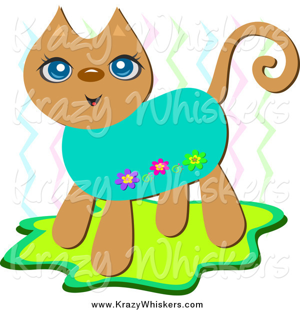 Critter Clipart of a Happy Brown Floral Cat with Zig Zags