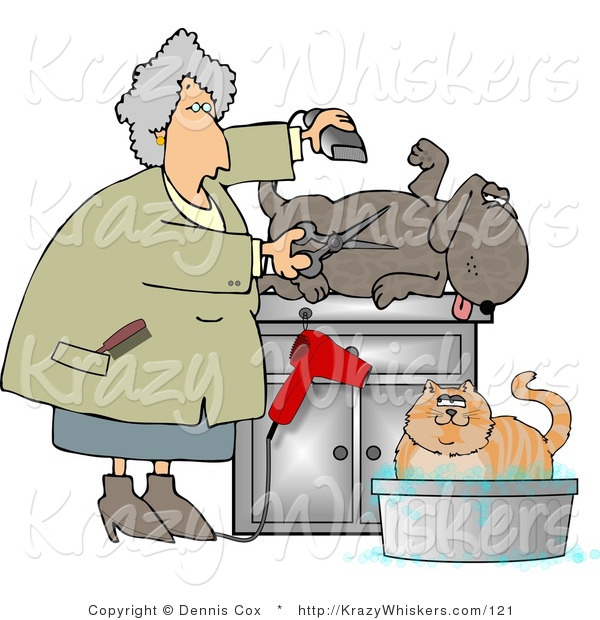 Critter Clipart of a Happy Dog Being Groomed and Watching a Cat Being Bathed