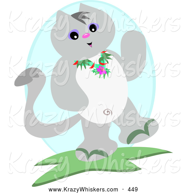 Critter Clipart of a Happy Friendly Gray Cat Waving and Wearing a Lei