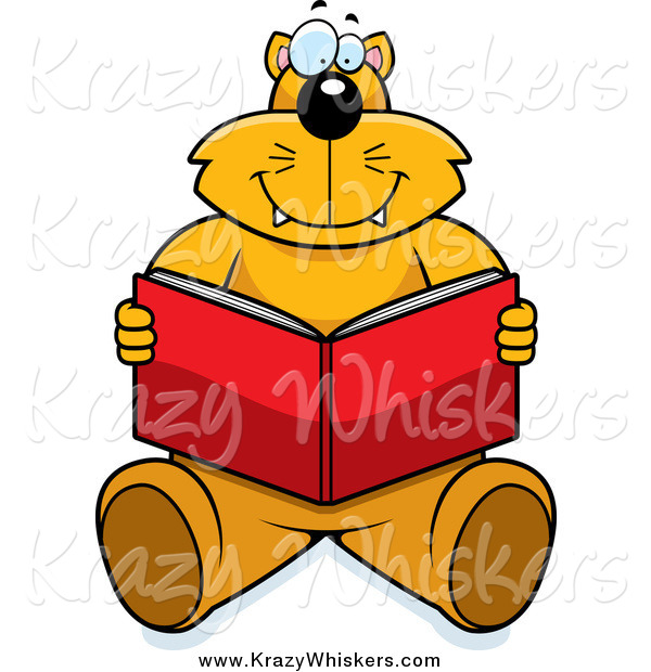 Critter Clipart of a Happy Ginger Cat Sitting and Reading