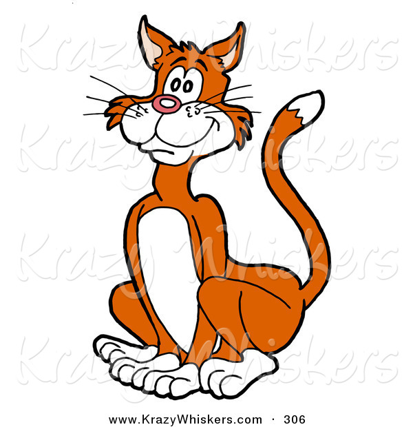 Critter Clipart of a Happy Orange and White Cat with White Paws, Cheeks and Belly, Sitting and Looking Left